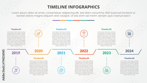timeline milestone infographic concept with creative table box horizontal direction up and down for slide presentation with 6 point list