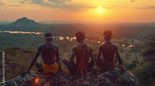 Tree Young Indigenous African tribe men are sitting on a big stone with beautiful epic nature landscape at background, watching sunset