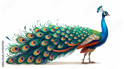 Real peacock illustration, showing its vibrant, detailed plumage generative ai