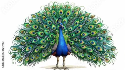 Real peacock illustration, showing its vibrant, detailed plumage generative ai