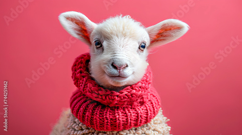 White Sheep Wearing Red Scarf on Pink Background