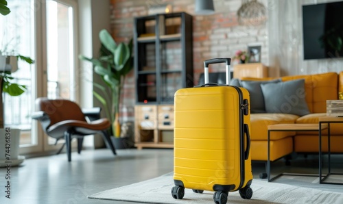 Yellow suitcase on the floor in the living room. Travel concept.