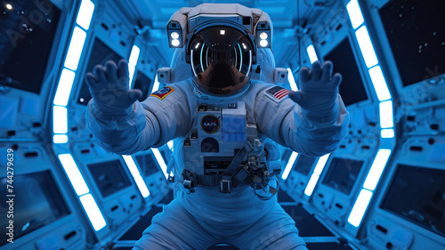 Kung Fu Astronaut: An Asian astronaut practicing kung fu in a space station gym, maintaining physical fitness and mental discipline for space missions
