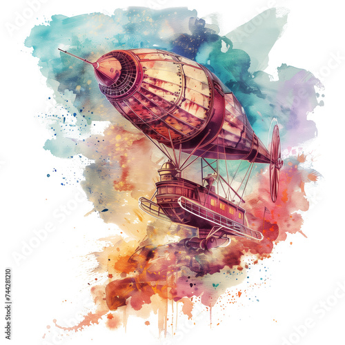 Watercolor design of a flying steampunk dirigible / blimp / air ship, against an intermixed splash of blue, purple, green and orange watercolor behind it, on a transparent background