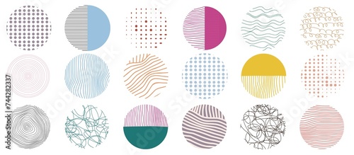 Modern trendy illustration. Set of round abstract circles with pattern. Circles with spots, drops, curves, lines. Perfect for poster, template, social media icons...
