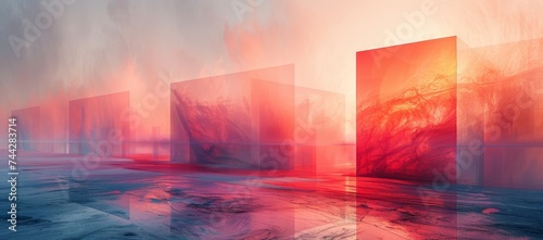 A dense fog envelops a gallery of abstract art, casting an ethereal glow upon the collection of rectangular masterpieces