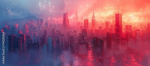 The towering skyscrapers of a foggy city create an urban landscape filled with a sense of both awe and claustrophobia