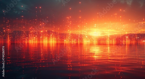 Amber lights dance upon the water's surface, mirroring the fiery sunset above as the night sky falls upon the tranquil lake