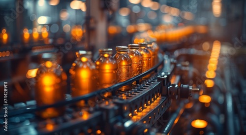 A mesmerizing sight of glowing amber bottles cascading down a dark conveyor belt, silently reflecting the city's restless energy within the walls of an industrial warehouse