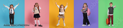 Happy schoolchildren with backpacks on color backgrounds, set of photos