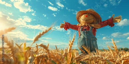 Friendly scarecrow in red plaid shirt standing guard over golden wheat fields under blue sky