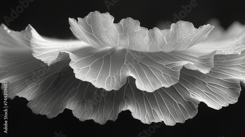 Closeup of a gingko leaf with its fanlike shape and fluttering texture resembling delicate lace.