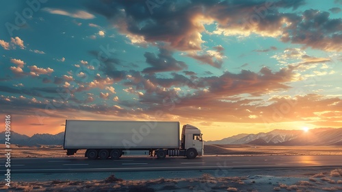 a white cargo truck with a white blank empty trailer for ad on a highway road in the united states. beautiful nature mountains and sky. golden hour sunset. driving in motion.