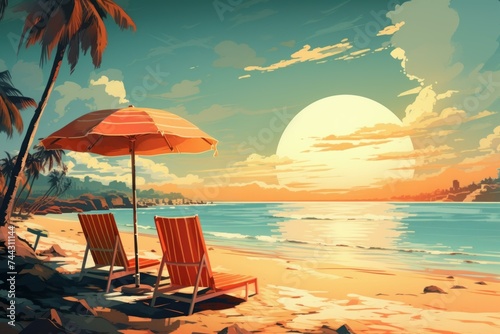 Retro palm scene beach. Travel vacation. Generate Ai