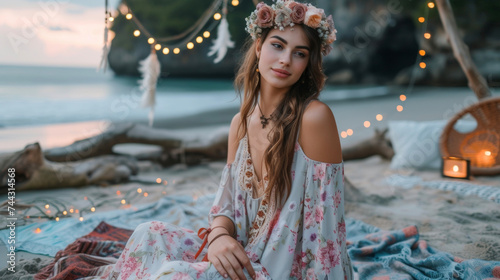 A flowy and romantic look with a floral maxi dress accessorized with a flower crown and laceup sandals. This outfit is perfect for a beach party with a dreamy and ethereal