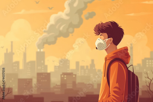 Man cough with dirty lung because air pollution PM2.5 air poll. smoke, smog, respiratory, environment, health, breath. Cartoon