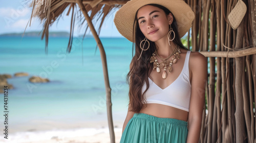 A flowy sea green maxi skirt paired with a cropped white tank top and a layered shell necklace. Complete the look with a woven straw fedora and a pair of beaded hoop earrings.