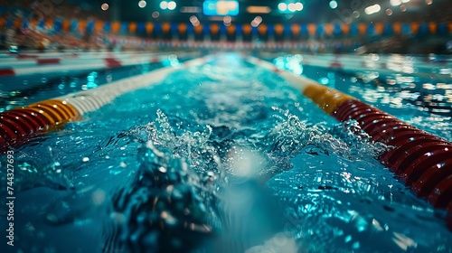 An Olympic-size pool bustling with swimmers, dynamic water textures, vivid lane markers