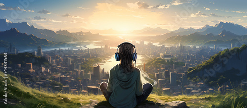 young girl listening music with green cityscape view
