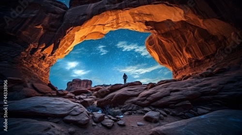 Anonymous person admiring stone arch and canyon under starry sky with Milky Way