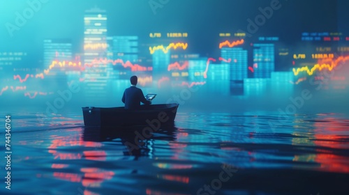 A 3D animated image of a businessman calmly steering a mobile phone through a sea of stock charts, symbolizing navigation through the ups and downs of the market The scene blends nautical and f