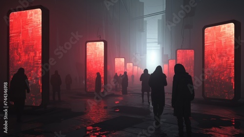 A 3D model of a dystopian world where oversized mobile phones are enshrined, and people worship them as deities The environment is dark and tech-driven, highlighting the phones' control over hu