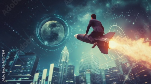 A photorealistic image of a businessman in a suit, triumphantly riding a rocket launcher toward the moon The background shows a bustling financial district with rising graphs and symbols of eco