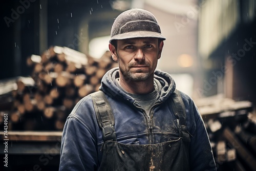 Sawmill worker portrait. Board tool equipment carpenter tree. Generate Ai