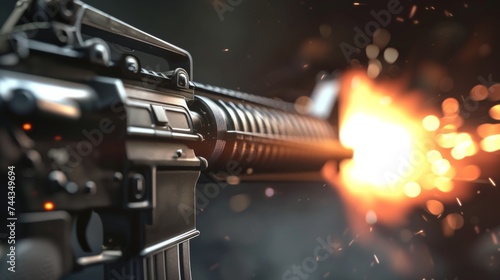 A 3D rendered image of a close-up view of an M16 rifle firing, focusing on the detailed mechanics of the gun, the firing process, and the precise movement of the parts, set in a high-tech milit