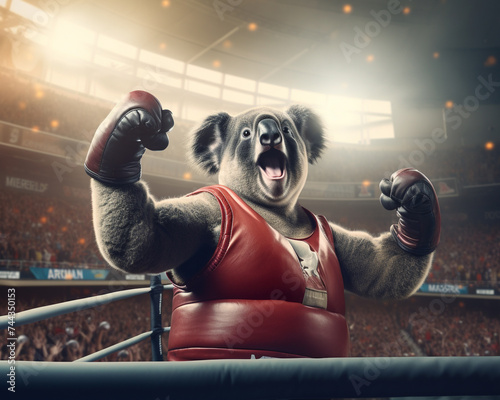 Happy koala boxer, mid-jump with gloves on, in a digital boxing stadium, fans cheering digitally