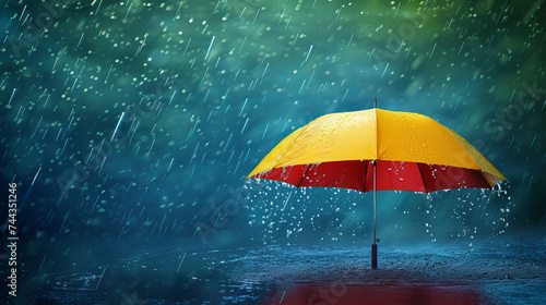 A minimalist yet vivid illustration of an umbrella in the rain, its bold color popping against the subdued background, with dynamic raindrop effects Created Using minimalist illust, AI Generative