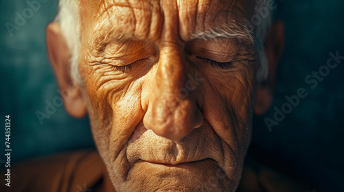 A portrait of an elderly man meditating, his face showing the lines of wisdom and a calm resilience The setting is tranquil, highlighting his dedication to maintaining inner peace , AI Generative