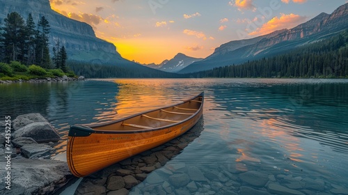 parked sailing boat Wood canoe on the edge of Bowman Lake at sunrise in Glacier National Park.