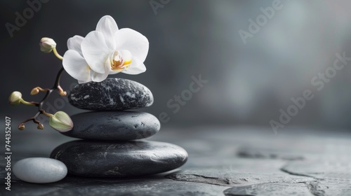 spa stones stacked with a white orchid