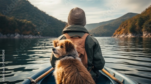 a traveler and his dog are having an adventure on a canoe