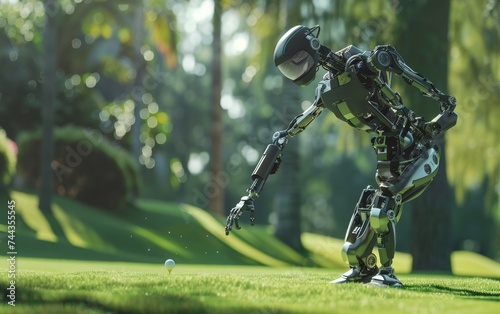 Golf scene with a robot arm as a caddy precisely placing a ball on a tee against a green fairway