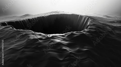 3d render of a deep dark fluid chasm opening in the ground swallowing light and matter
