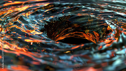 3d render of a dark reflective liquid pool that acts as a portal to an abstract dimension