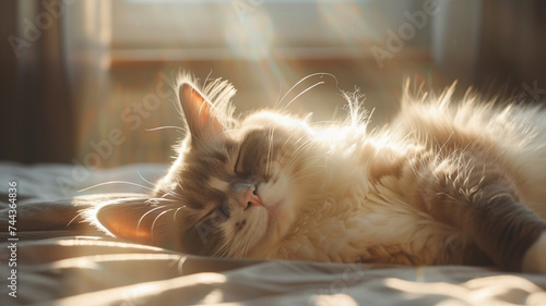 A fluffy Ragdoll cat lying in a sunbeam, its fur creating a mesmerizing play of shadows and light.