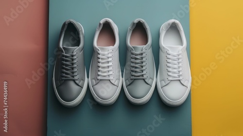 Designer footwear against a cool grey symmetrical seamless paper backdrop, showcasing style with a minimalist, focused background.