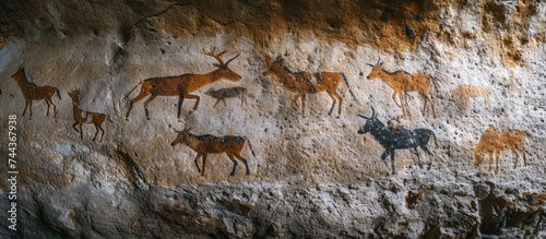 This photo captures a collection of animal images painted on an ancient cave wall, providing archeological evidence of the hunting practices from a bygone era.