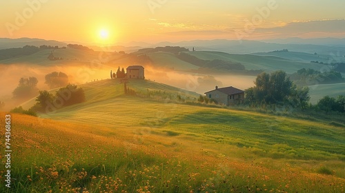Tuscany landscape at sunrise, Tuscany foggy landscape at sunrise