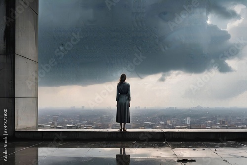 A lone woman standing on the roof of a high building contemplating suicide with dark clouds and cityscape as background