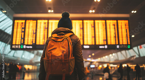 Traveler with backpack staring at digital flight schedule screen inside airport departure lounge Air travel 