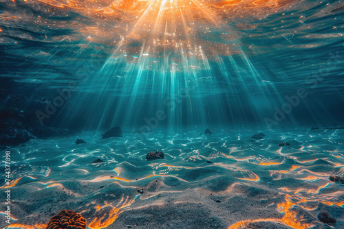 Depth of sea water, the bottom of the sea, the rays of the sun through the water, the underwater world, the background
