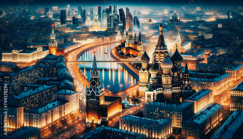 Twilight descends over Moscow, casting the city's landmarks and the Moskva River in a luminous glow