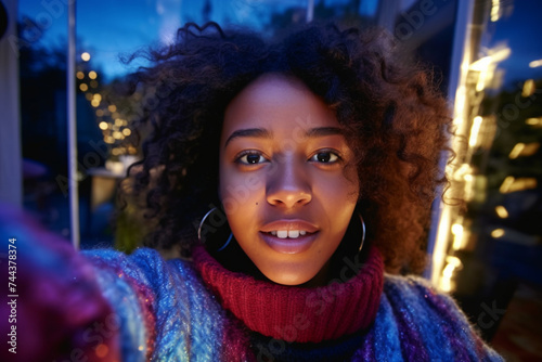 african american woman taking selfie at home at night, looking at camera cheerfully