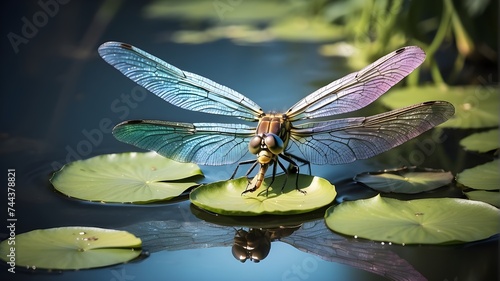 A shimmering dragonfly with iridescent wings, perched delicately on a lily pad in a tranquil pond.