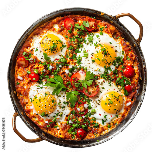 top view of a delicious looking Turkish menemen kept in a traditional copper pan food photography style isolated on a white background