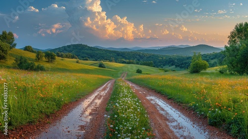 Panoramic landscape of central Russia agricultural countryside with hills and country road. Summer landscape of the Samara valleys.
